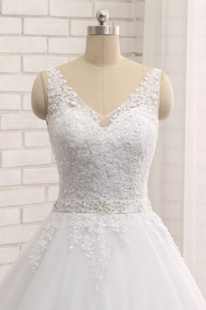 A-line Straps V-neck Sleeveless Court Train Tulle Wedding Dress With Appliques 4