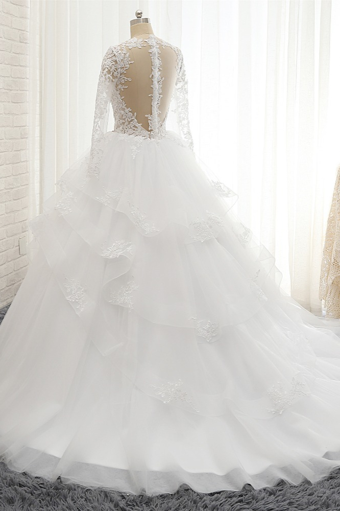 A-line Jewel Neck Long Sleeves Floor-length Tulle Bridal Dress With Appliques 2