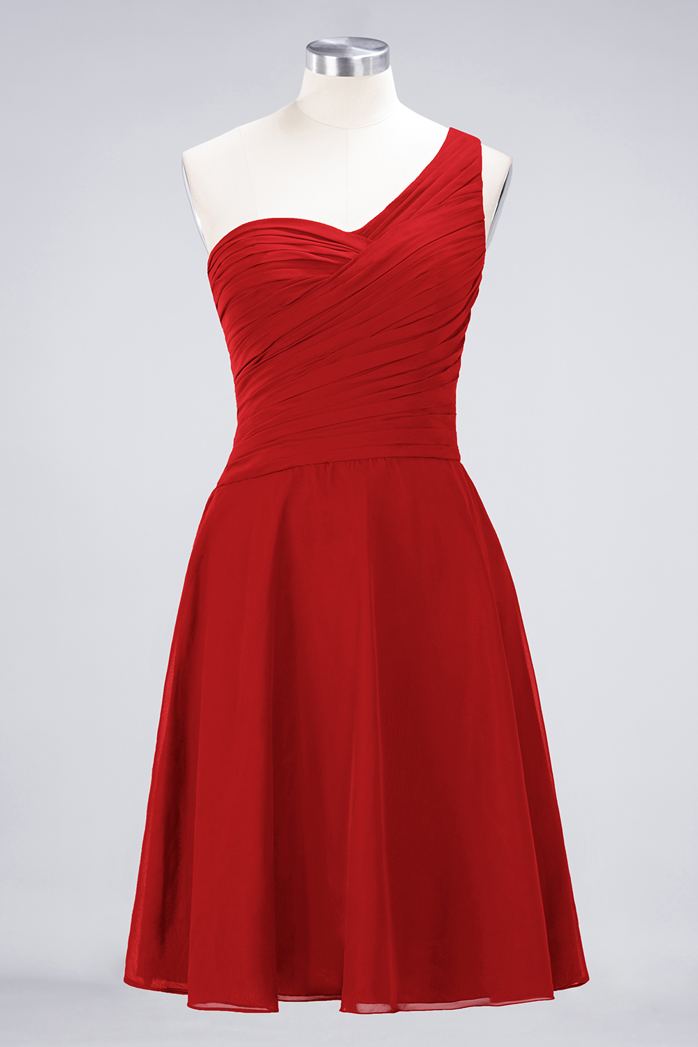 A-line One Shoulder Sweetheart Neck Sleeveless Knee-length 100D Chiffon Bridesmaid Attire With Ruffles 17