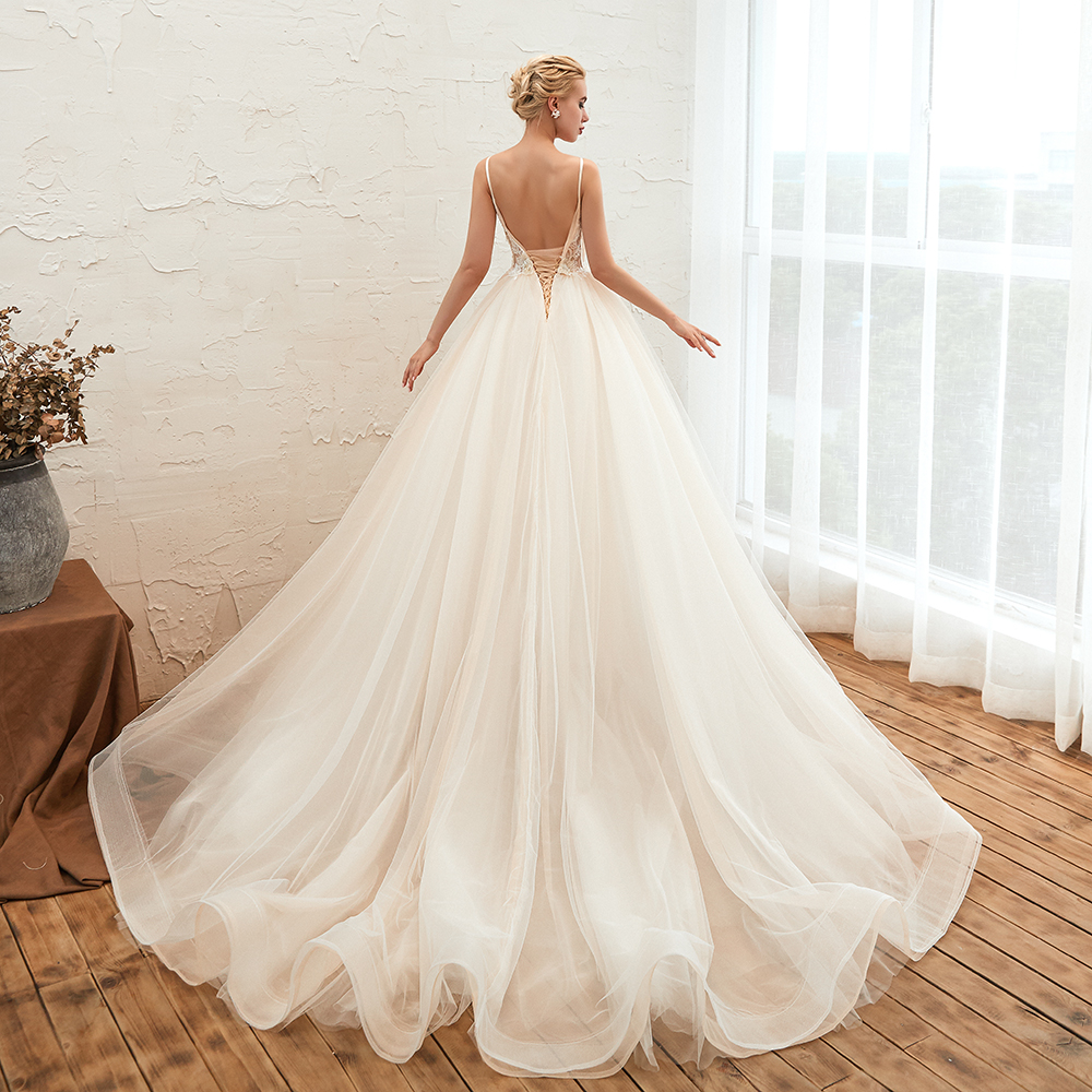 A-line Spaghetti Straps V-neck Sleeveless Cathedral Train Tulle Wedding Dress With Beading 19