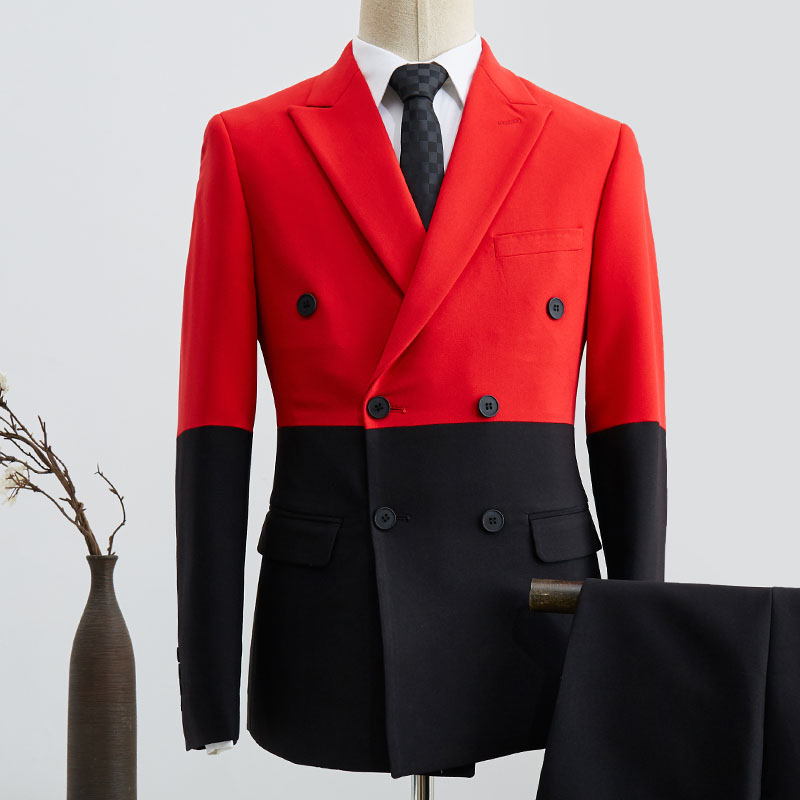 Black And Red Peaked Lapel Double Breasted Prom Suit 2