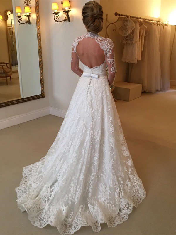 Ball Gown High Neck Long Sleeves Lace Wedding Gown With Court Train 2