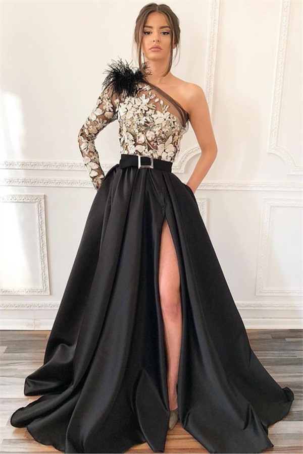 A-line One Shoulder Long Sleeves Sweep / Brush Train Formal Dress With Feathers 1