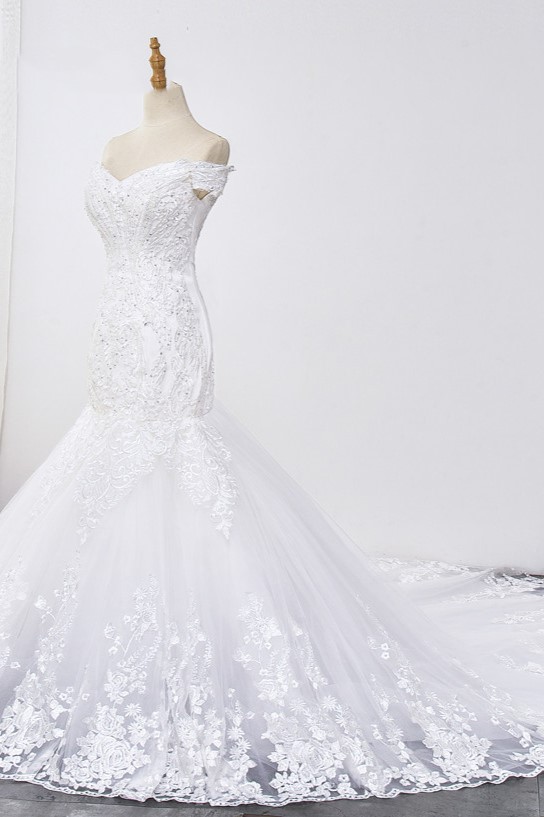 Mermaid Off-the-shoulder Sweetheart Neck Sleeveless Floor-length Tulle Bridal Attire With Beading 3