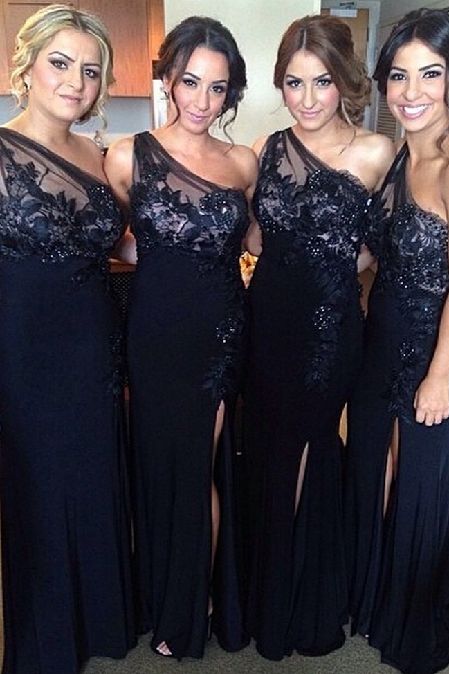 Column One Shoulder Sleeveless Floor-length Bridesmaid Outfit With Appliques 1