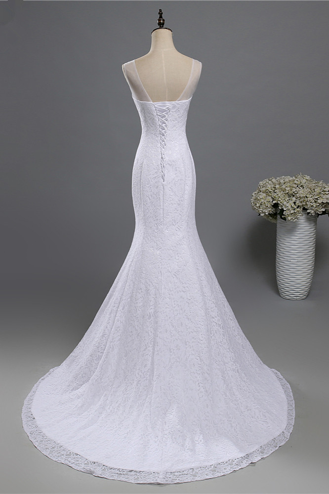 Mermaid Straps Jewel Neck Sleeveless Floor-length Tulle Wedding Dress With Lace 2