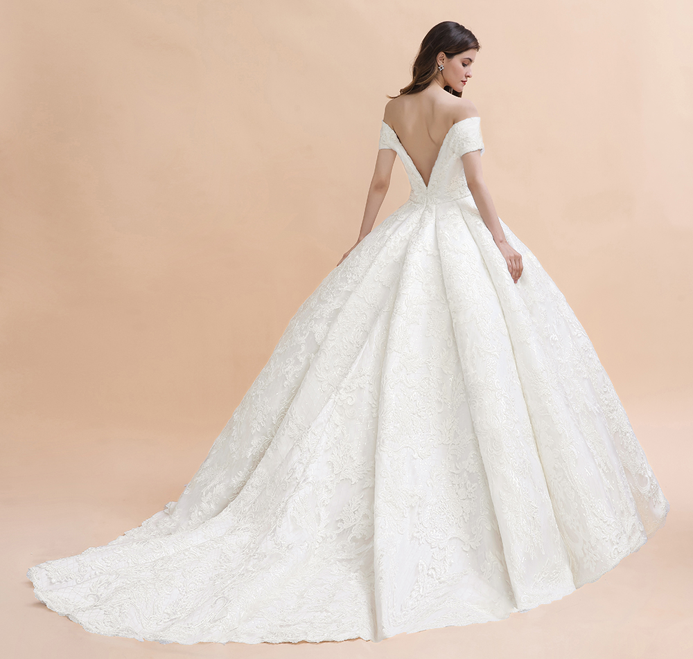 Ball Gown Off-the-shoulder Cap Sleeves Chapel Train Tulle Wedding Gown With Appliques 9