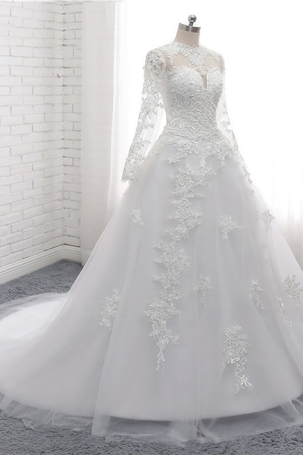 A-line Jewel Neck Long Sleeves Floor-length Tulle Wedding Dress With Lace 3