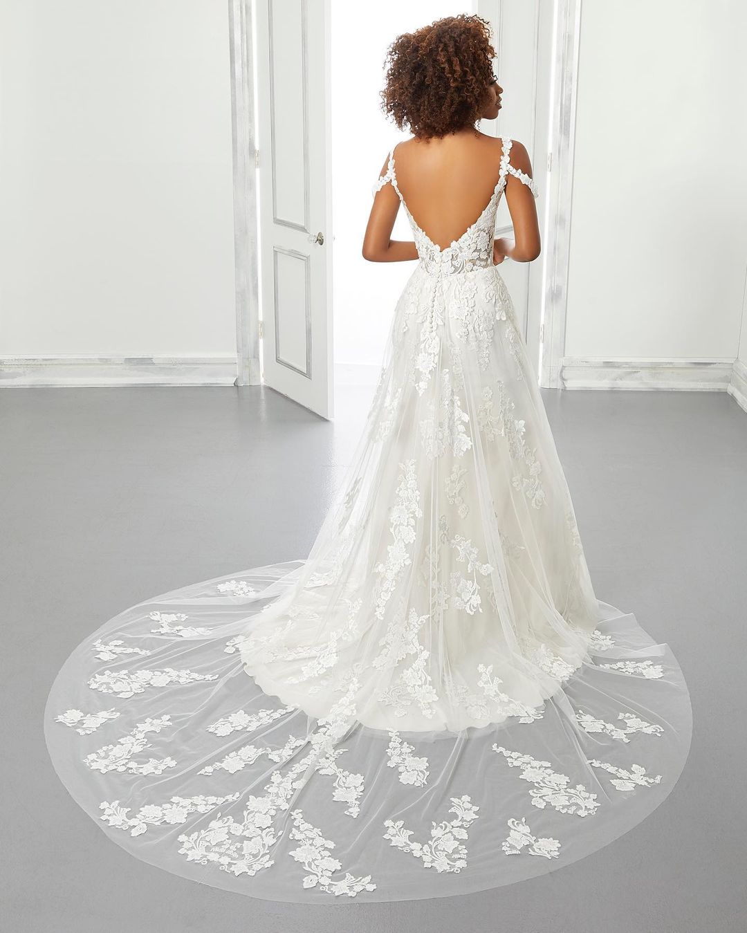 A-line Off-the-shoulder Sleeveless Sweep / Brush Train Lace Wedding Gown With Lace 2