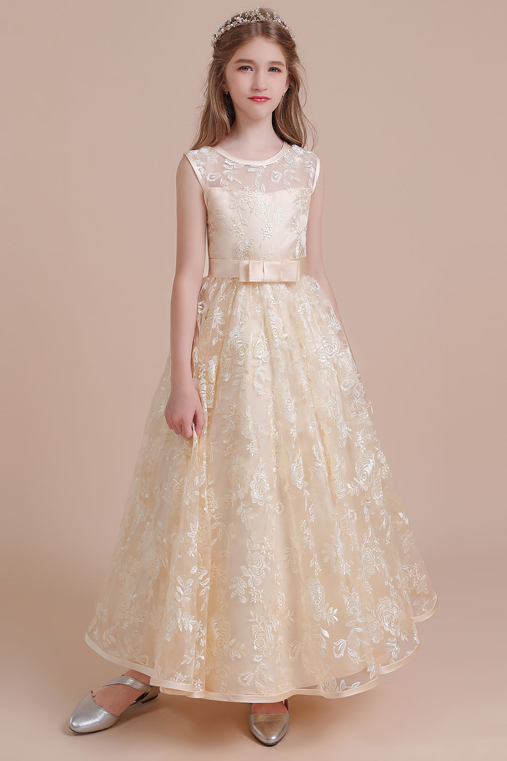 A-line Jewel Neck Sleeveless Ankle-length Tulle Flower Girl Dress With Embroidery 1