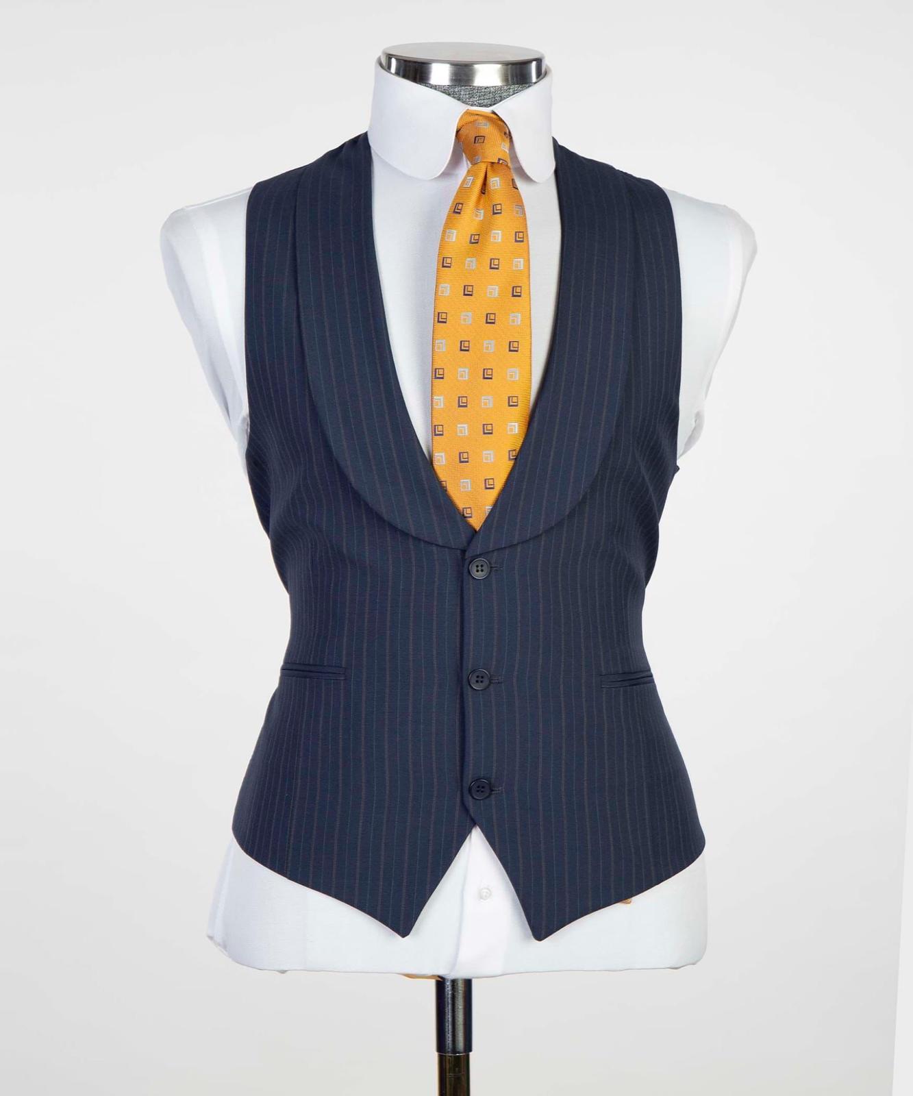 Navy Stripe Three Pieces Business Suit with Peaked Lapel 2