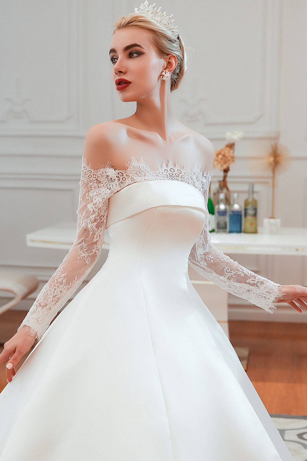 Bateau Neck Long Sleeves Cathedral Train Satin Wedding Gown With Lace 7