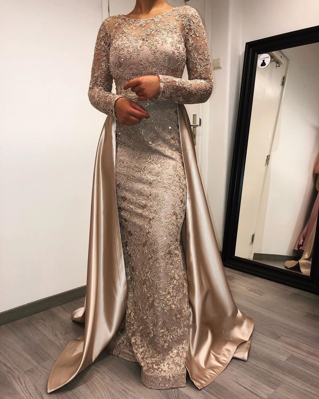 Charming Beadings Mermaid Prom Dress with Long Sleeves and Satin Detachable Train -  and 2