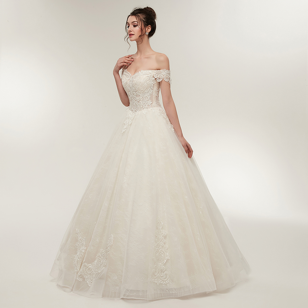 Off-the-shoulder Cap Sleeves Floor-length Lace Wedding Dress With Lace 3
