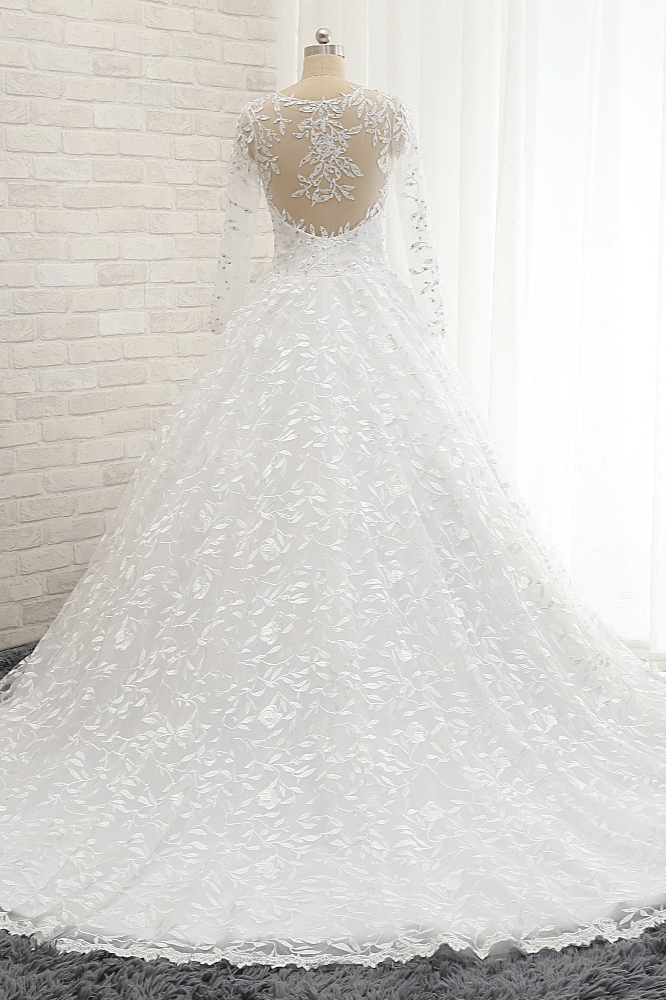 A-line Jewel Neck Long Sleeves Floor-length Tulle Bridal Dress With Appliques 2