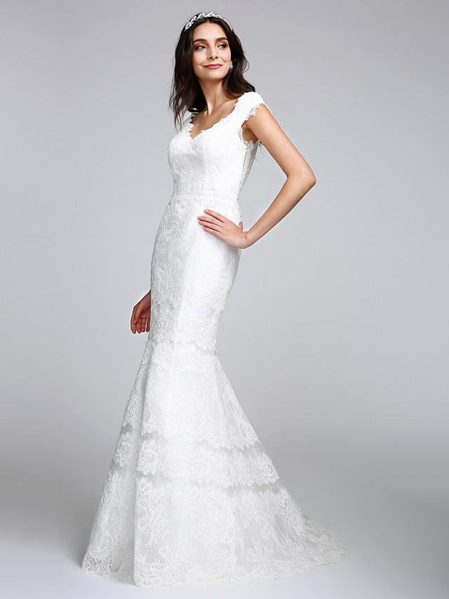 Mermaid V-neck Cap Sleeves Floor-length Tulle Bridal Attire With Lace 6