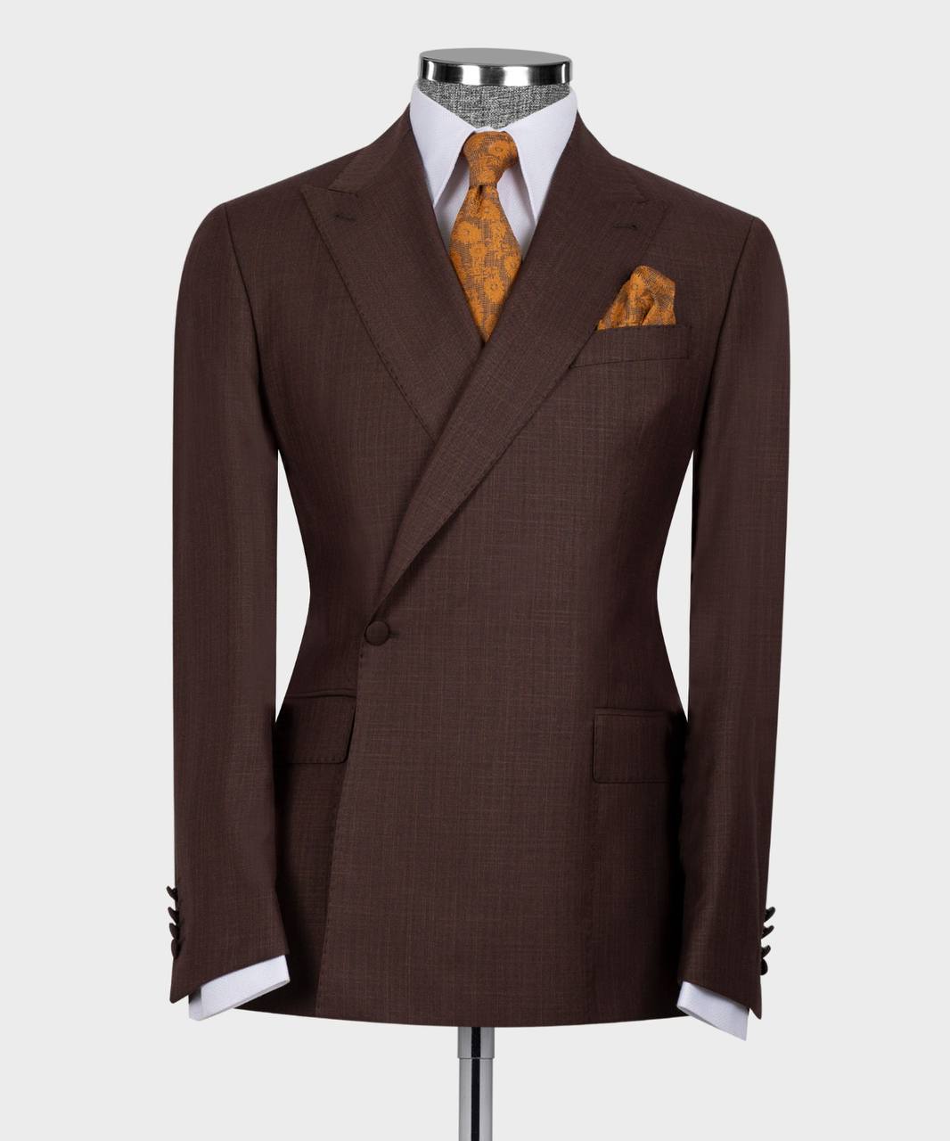 Chocolate One Button Peaked Lapel Slim Fit Men Suit 4