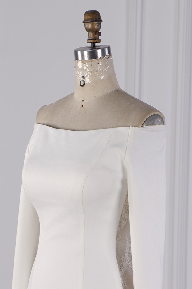 Column Off-the-shoulder Long Sleeves Floor-length Satin Wedding Dress With Appliques 5