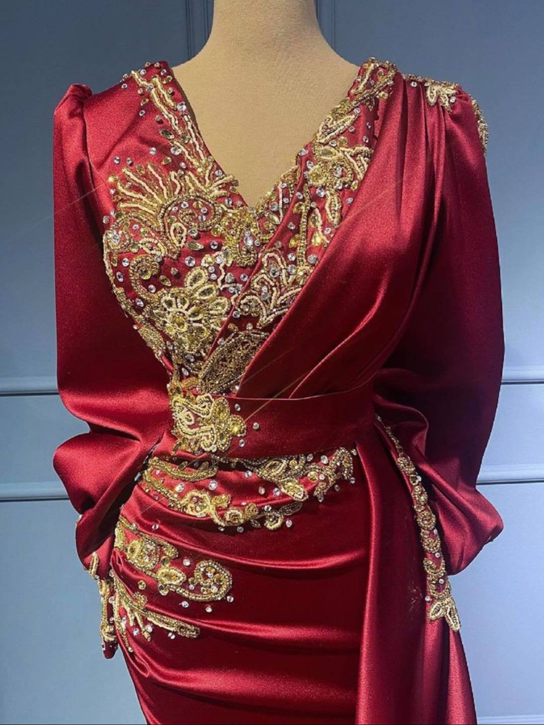 Mermaid V-neck Long Sleeves Floor-length Stretch Satin Evening Dress With Crystal 5