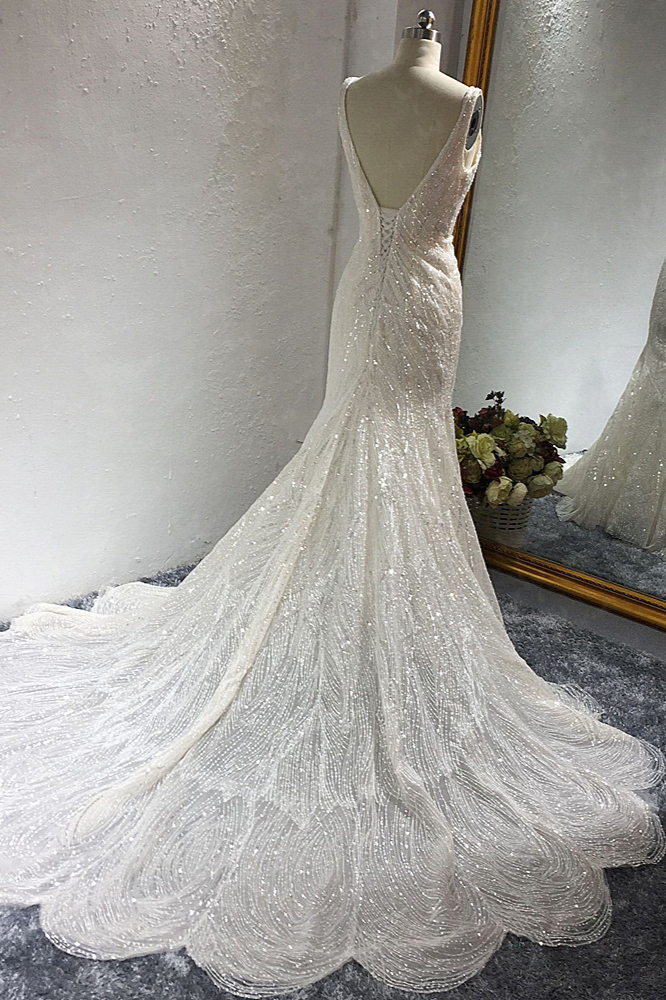 Mermaid Plunging Neckline Sleeveless Floor-length Tulle Bridal Dress With Sequins 4