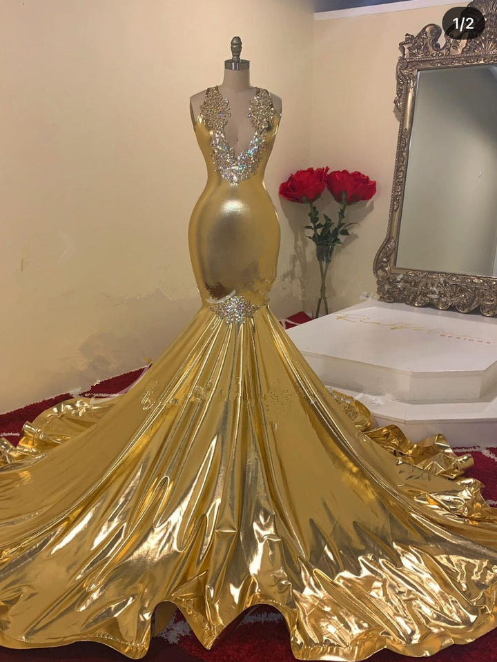 Mermaid V-neck Sleeveless Floor-length Stretch Satin Evening Dress With Beading 2