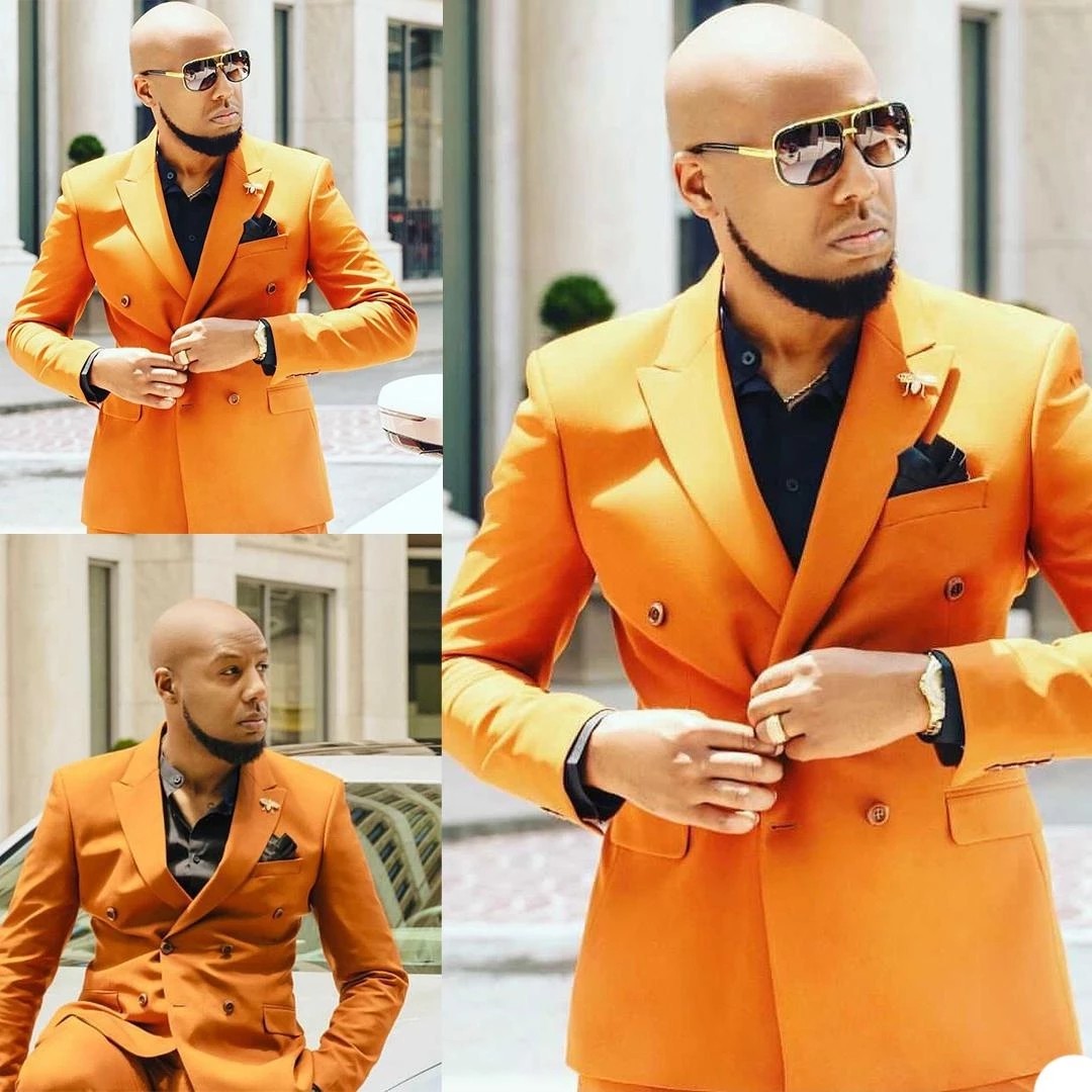 Orange Double Breasted Men's Suit with Peaked Lapel for Prom 3