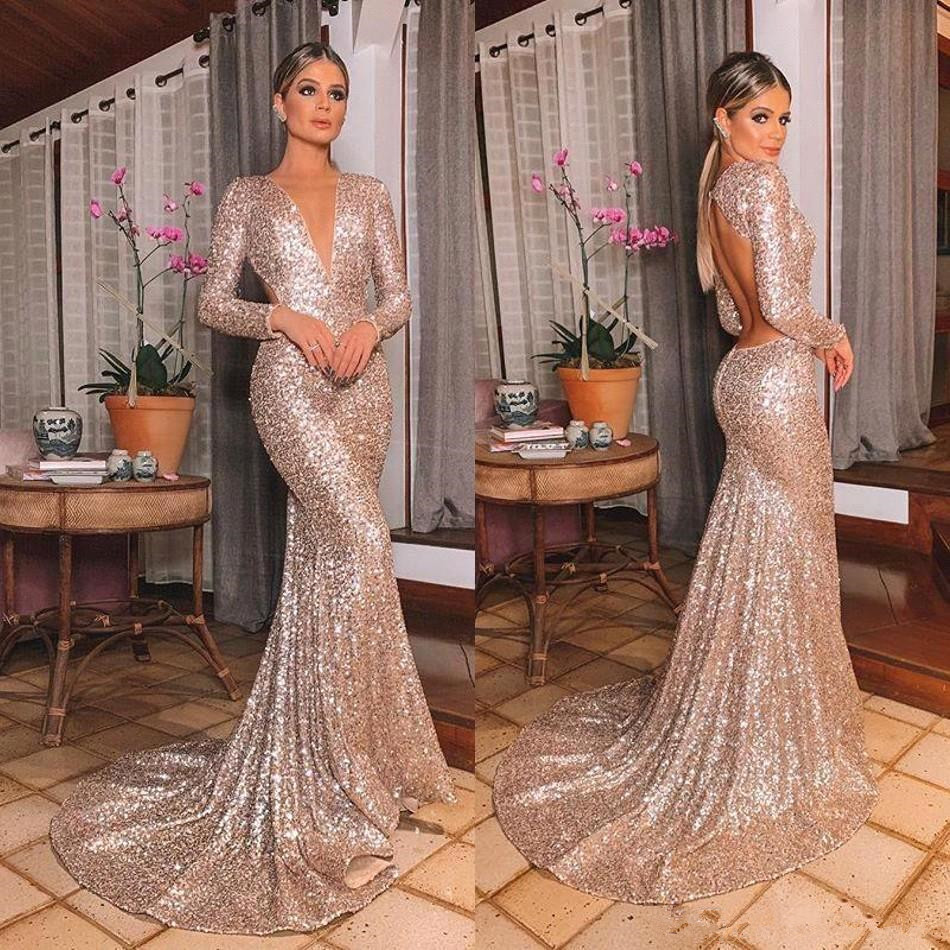 Mermaid V-neck Long Sleeves Sweep / Brush Train Formal Wear With Sequins 6