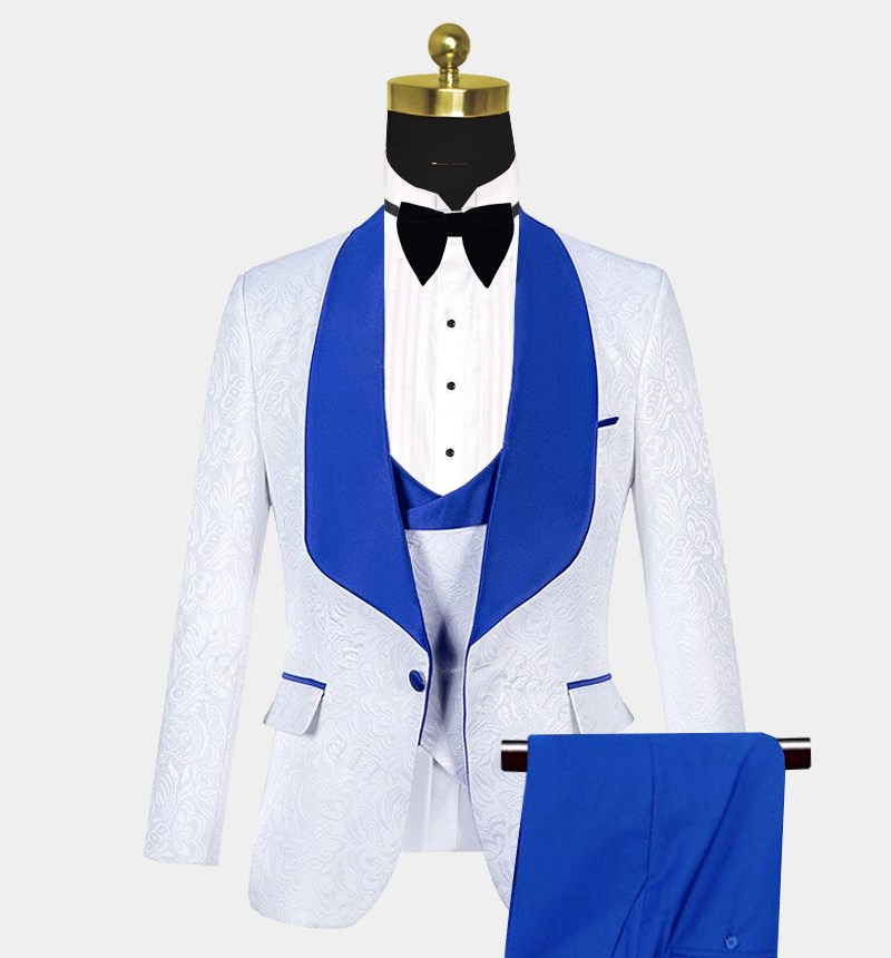 White Jacquard Tuxedo with Blue Shawl Lapel 3