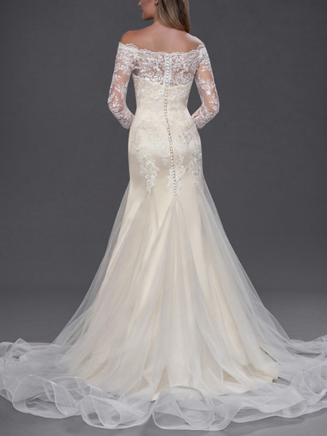 Mermaid Chapel Train Tulle Wedding Dress With Buttons 3