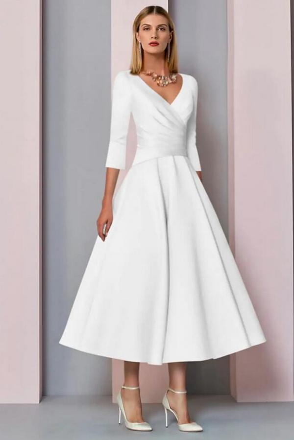 A-line V-neck 3/4-Length Sleeves Tea-length Satin Bridal Attire With Appliques 2
