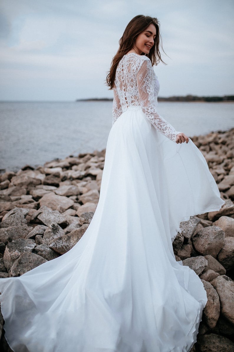 Column Jewel Neck Long Sleeves Sweep / Brush Train 100D Chiffon Bridal Gown With Lace 7