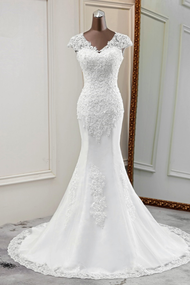 Mermaid V-neck Sleeveless Floor-length Tulle Wedding Dress With Lace 1