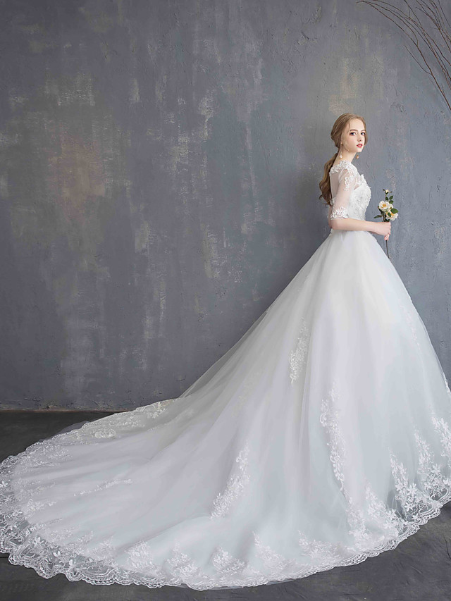 Ball Gown Scoop Neck Half-Sleeves Chapel Train Lace Bridal Gown With Lace 14