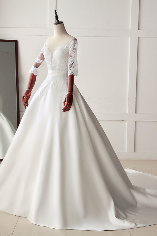 A-line Jewel Neck Long Sleeves Chapel Train Satin Wedding Gown With Lace 4