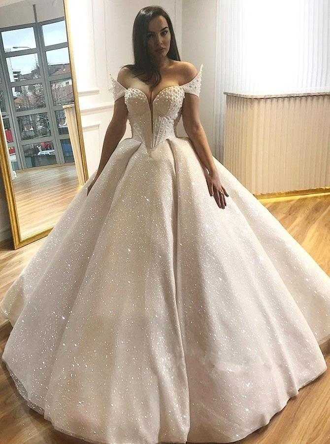 Ball Gown Off-the-shoulder Sleeveless Court Train Bridal Attire With Beading 2