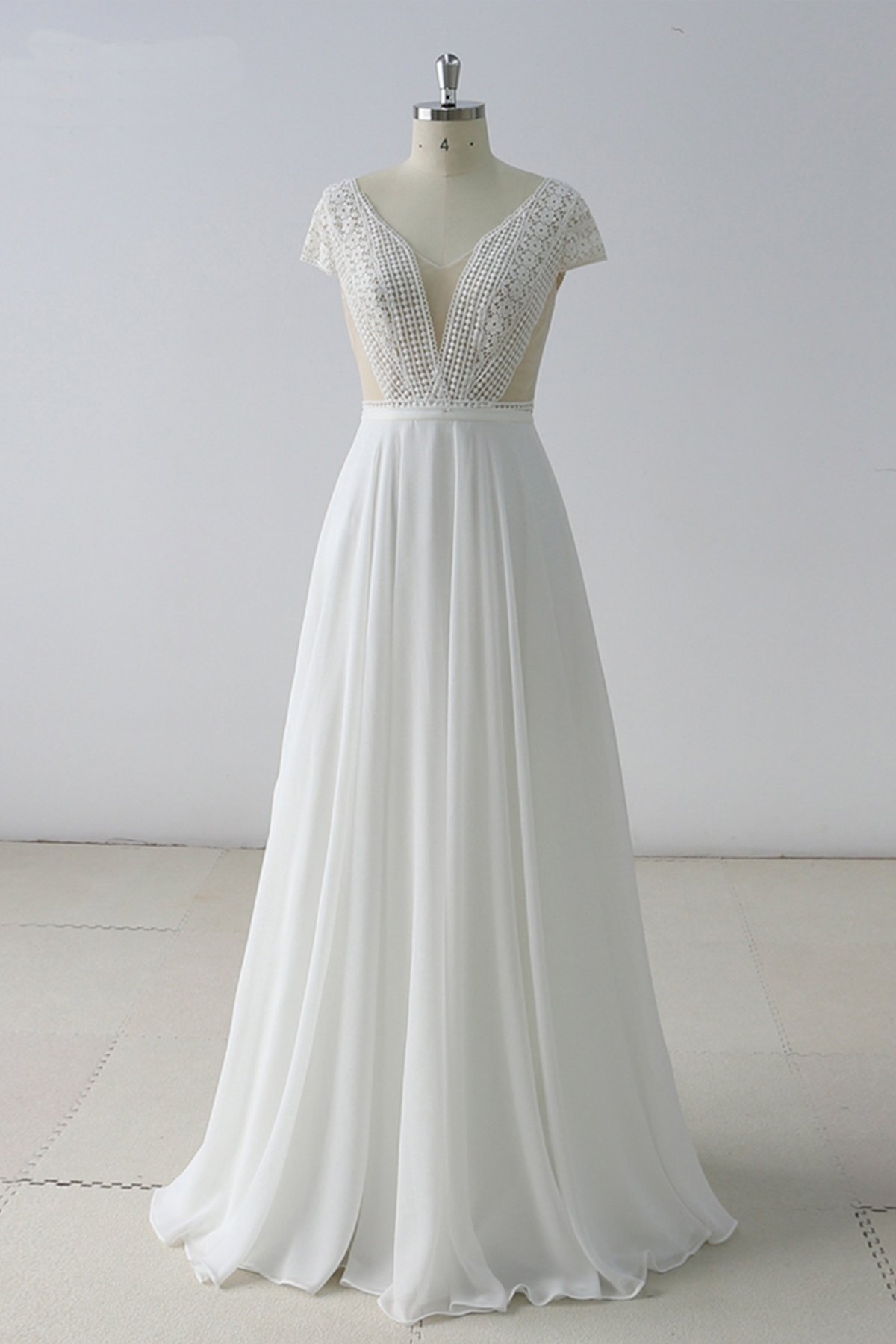 V-neck Cap Sleeves Floor-length Tulle Bridal Attire With Lace 1