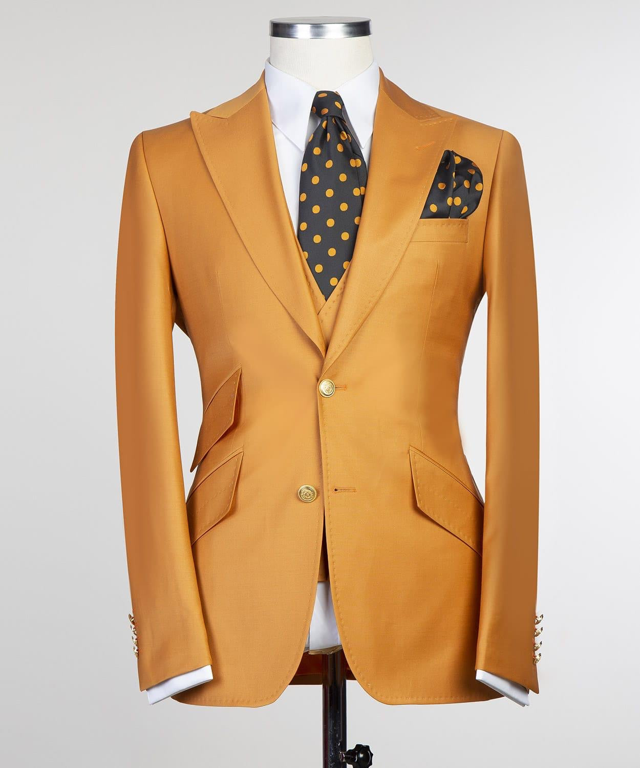 Dark Yellow Three Pieces  Men Suit with Peaked Lapel 4