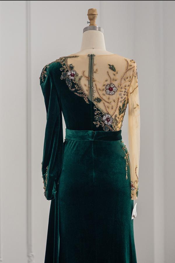 Dark Green Long Sleeve Jewel Mermaid Evening Dress Prom Gown 4