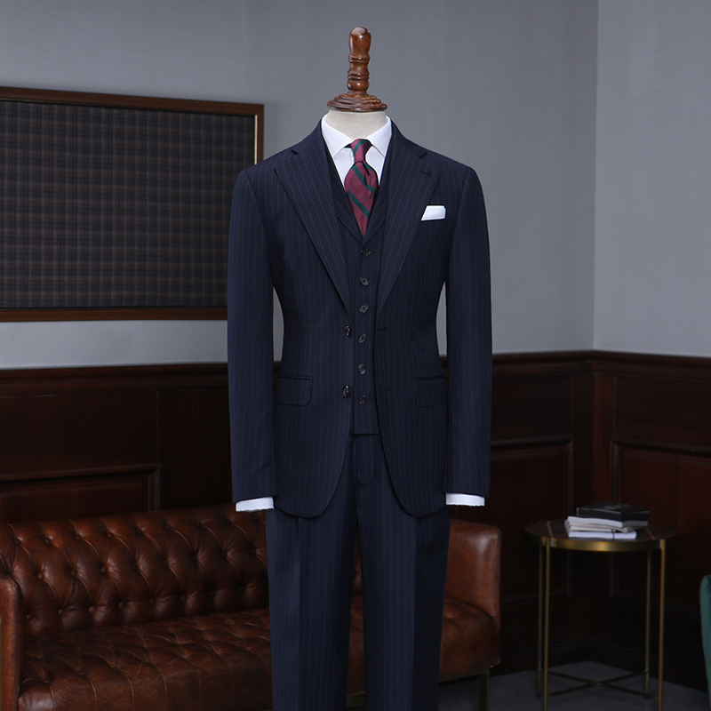 Navy Blue Striped Slim Fit Bespoke Business Suit 2