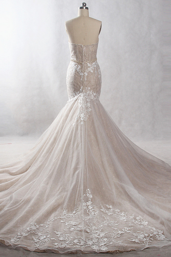 Mermaid Strapless Sweetheart Neck Sleeveless Floor-length Tulle Wedding Dress With Ribbons 2