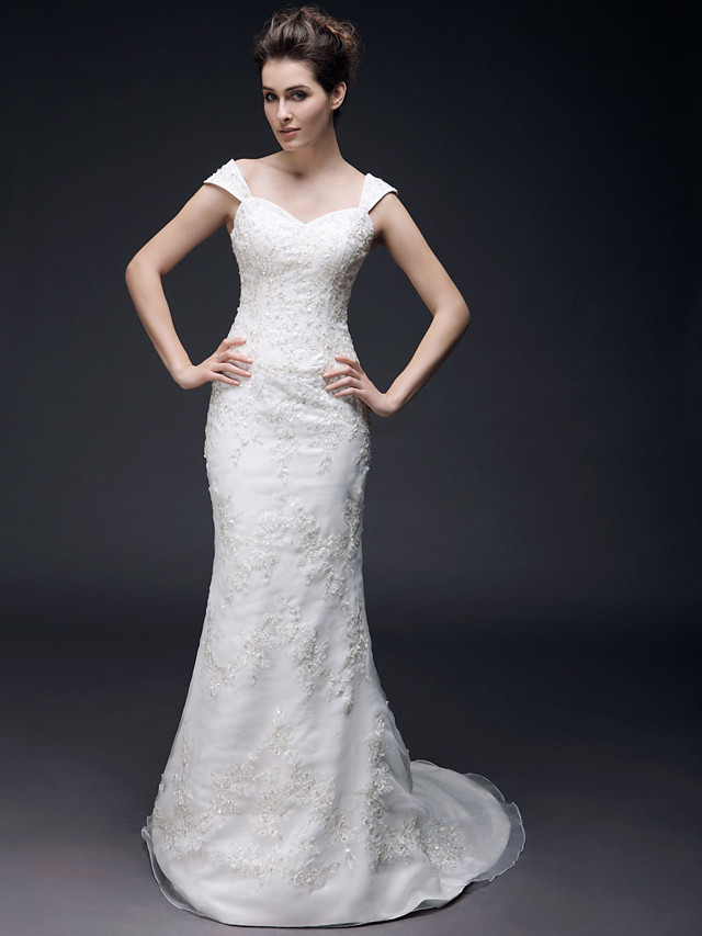 Mermaid Sweetheart Neck Short Sleeves Organza Wedding Gown With Sweep / Brush Train 2