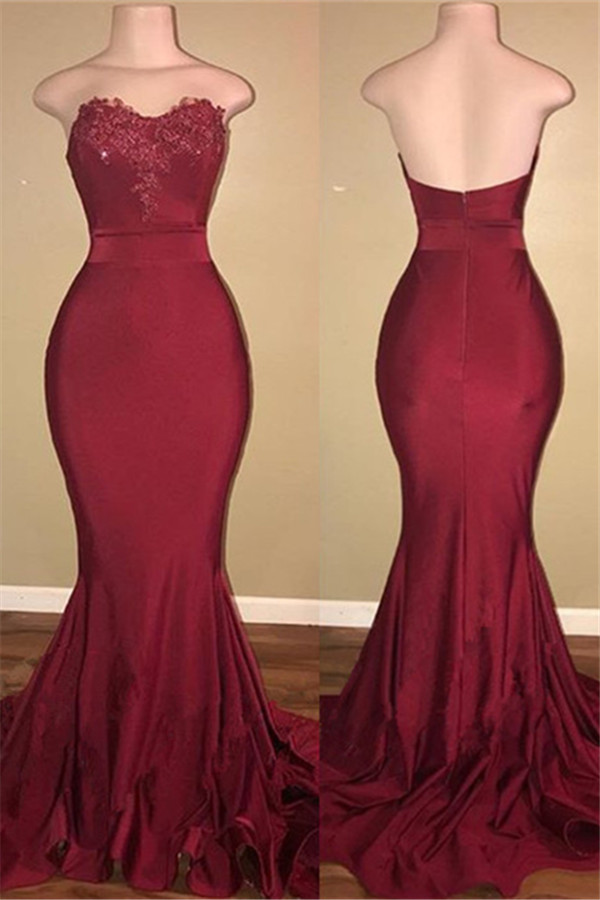 Mermaid Strapless Sleeveless Court Train Stretch Satin Evening Dress With Appliques 1