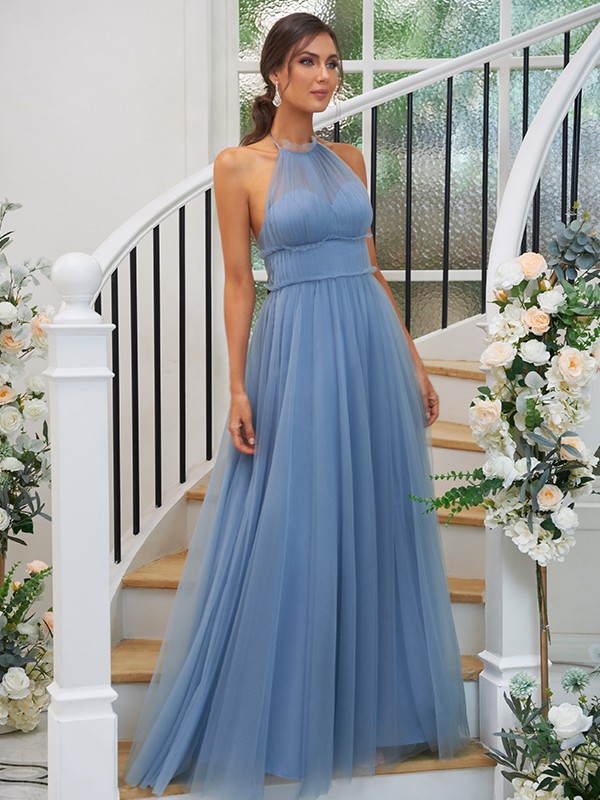 A-line Halter-neck Sleeveless Floor-length Bridesmaid Dress 2