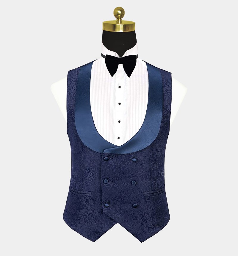 Navy Blue Bespoke Jacquard Three-Piece Tuxedo 3