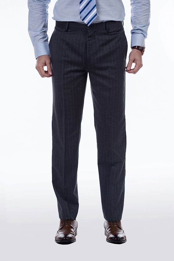 Black Striped Double Breasted Wool Blend Men's Suit with Peak Lapel 7