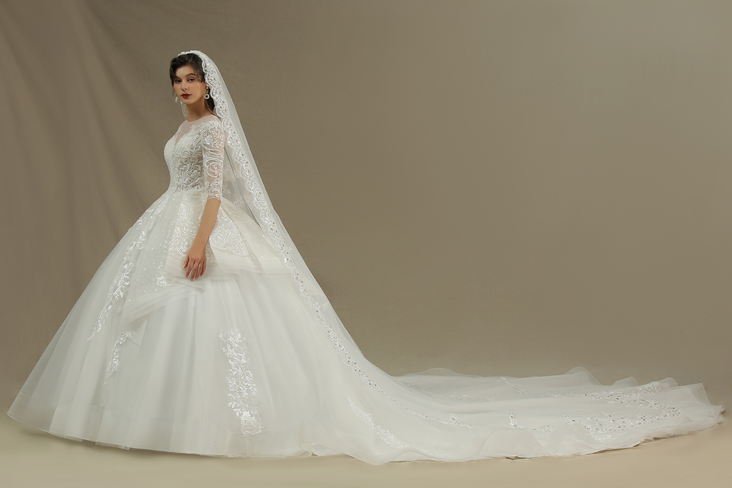 A-line Jewel Neck Half-Sleeves Cathedral Train Tulle Bridal Gown With Lace 4