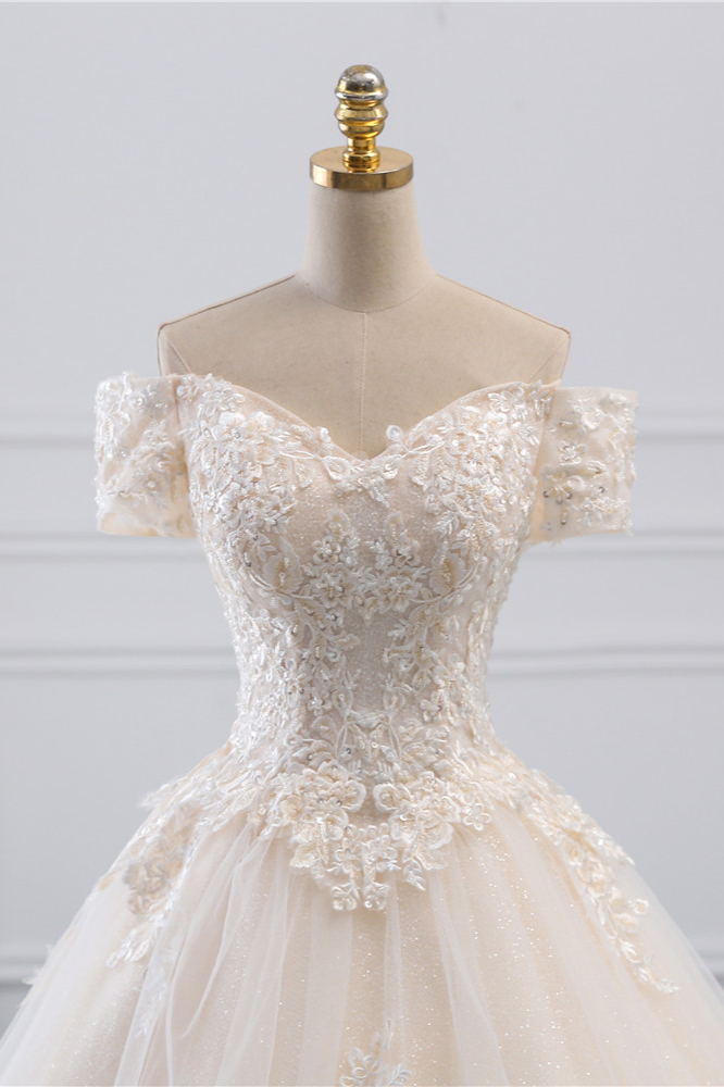 A-line Bateau Neck Short Sleeves Cathedral Train Tulle Wedding Gown With Appliques 4
