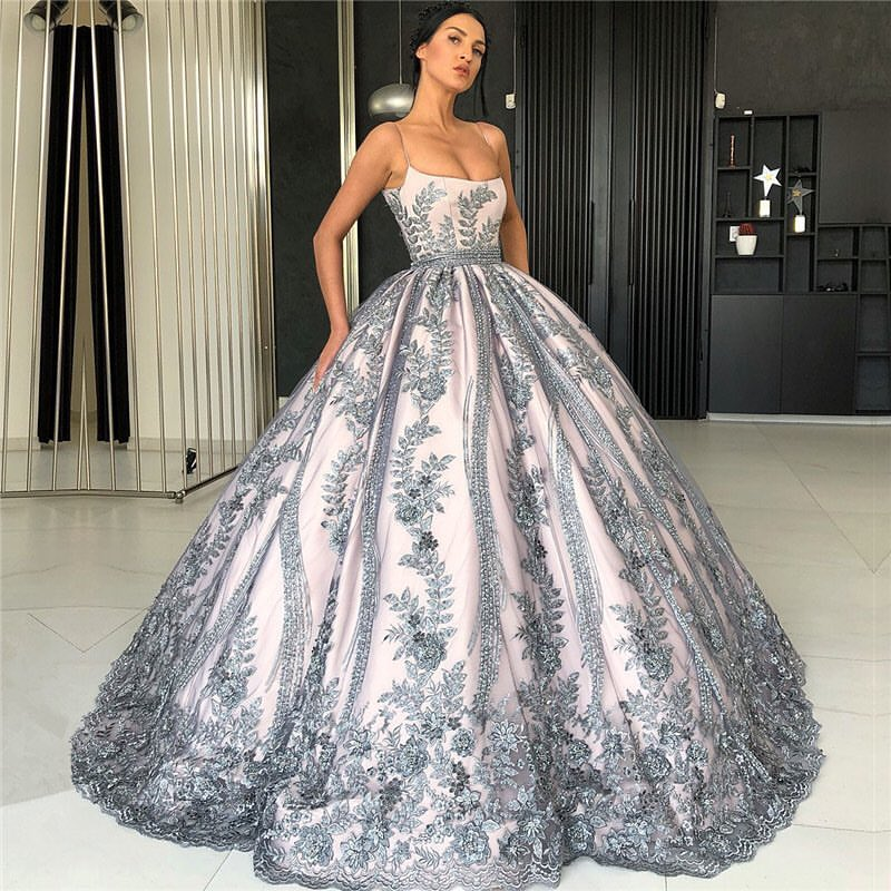 Ball Gown Spaghetti Straps Sleeveless Sweep / Brush Train Tulle Evening Dress With Lace 2