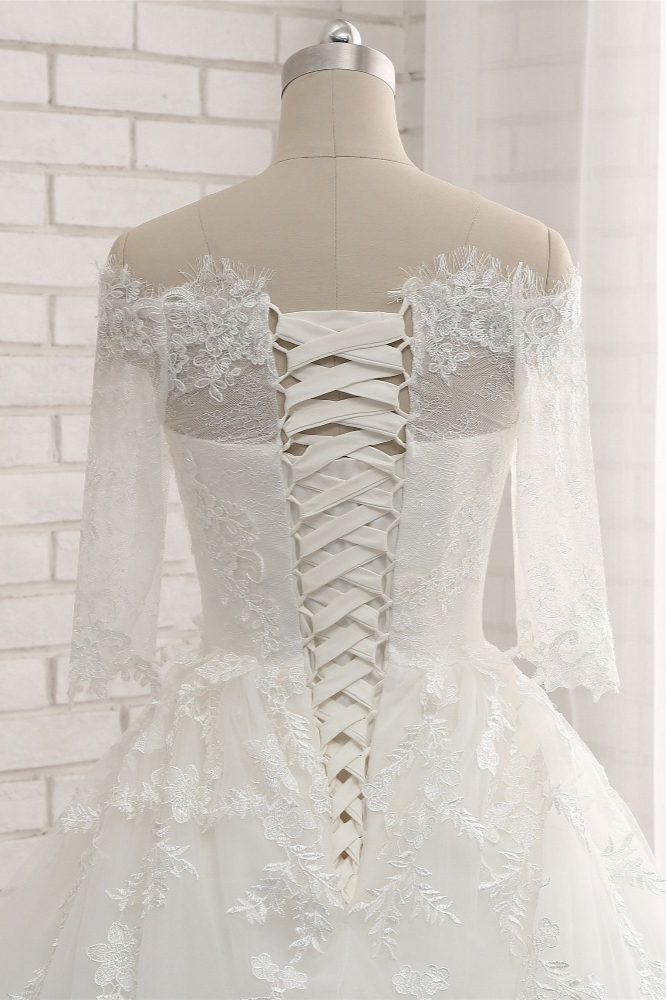 A-line Bateau Neck Half-Sleeves Floor-length Tulle Bridal Dress With Appliques 5