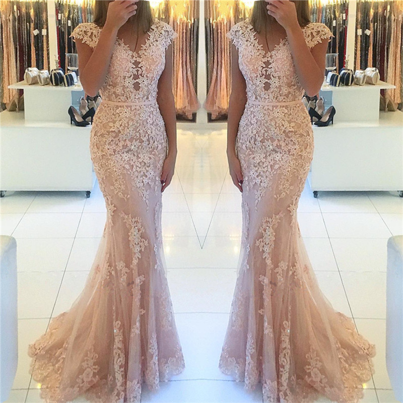 Mermaid V-neck Sleeveless Sweep / Brush Train Tulle Evening Gown With Lace 2